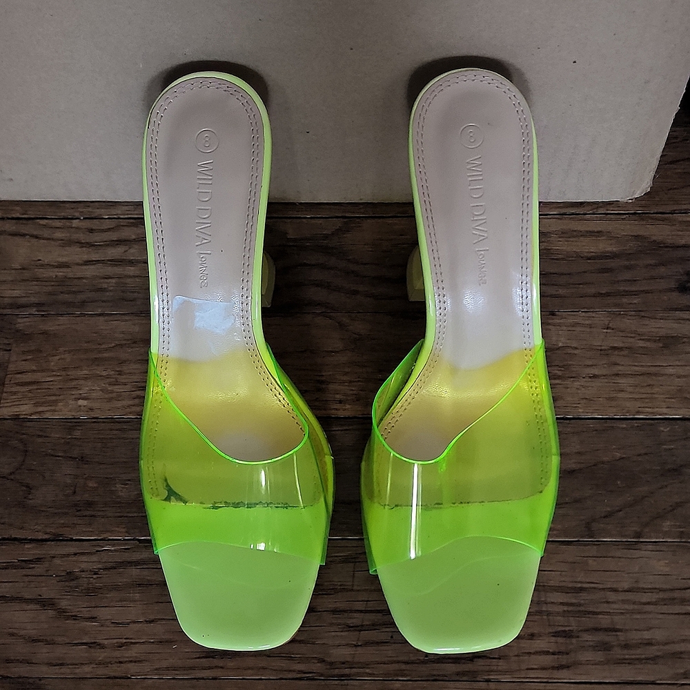 New! Neon Green Transparent Clear Slides Mules Sandals Structured Heels